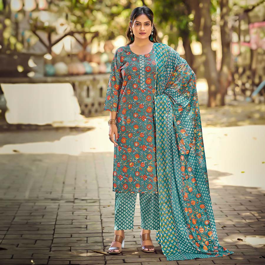 Green  Cotton Printed Salwar Kameez