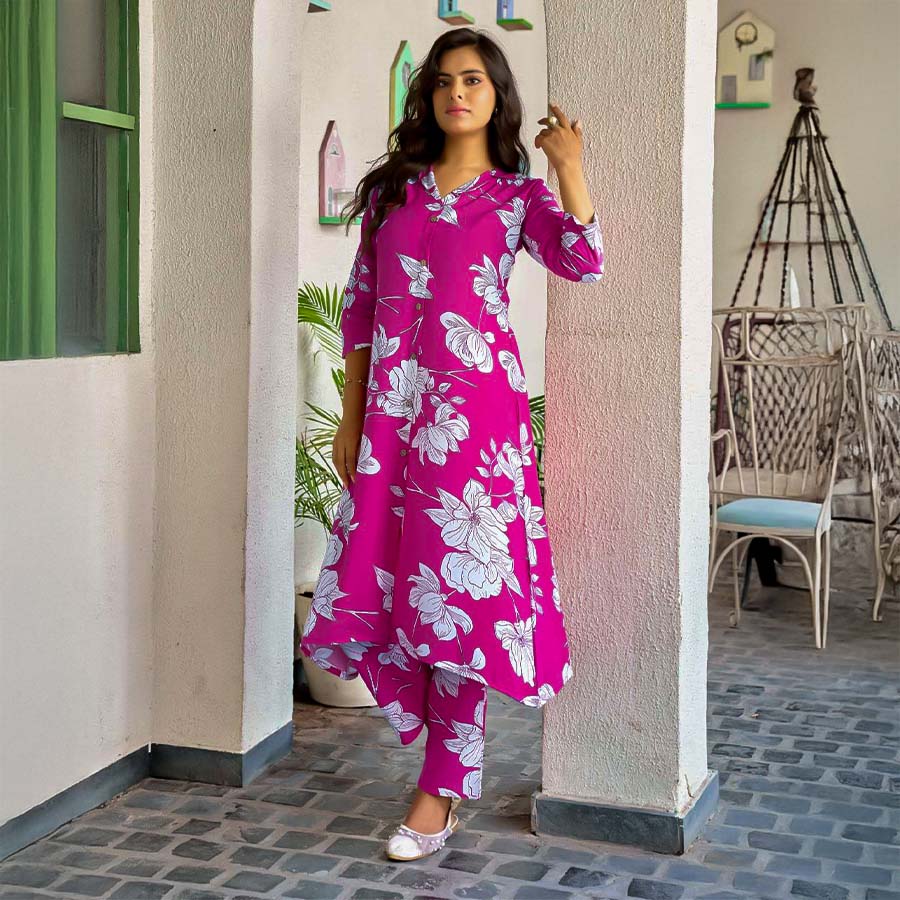 Magenta  Rayon Printed Kurti