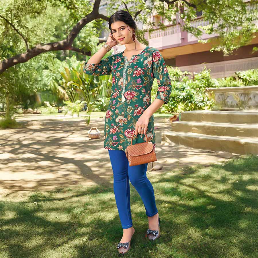 Green  Cotton Printed Kurti