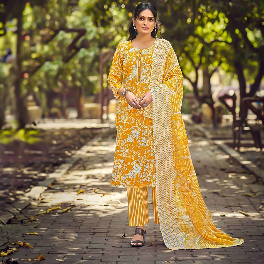 Yellow Cotton Printed Salwar Kameez