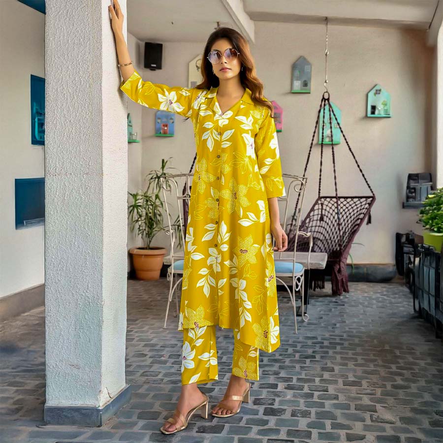 Yellow Rayon Printed Kurti
