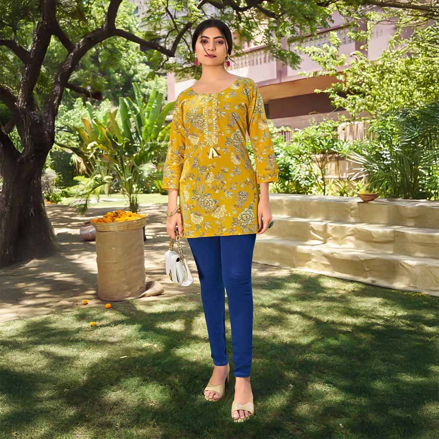 Yellow Cotton Printed Kurti
