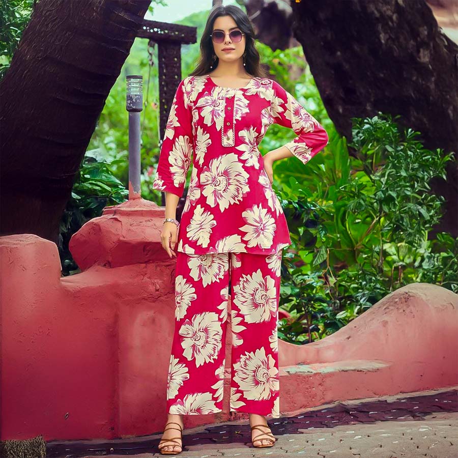 Red  Rayon Printed Kurti
