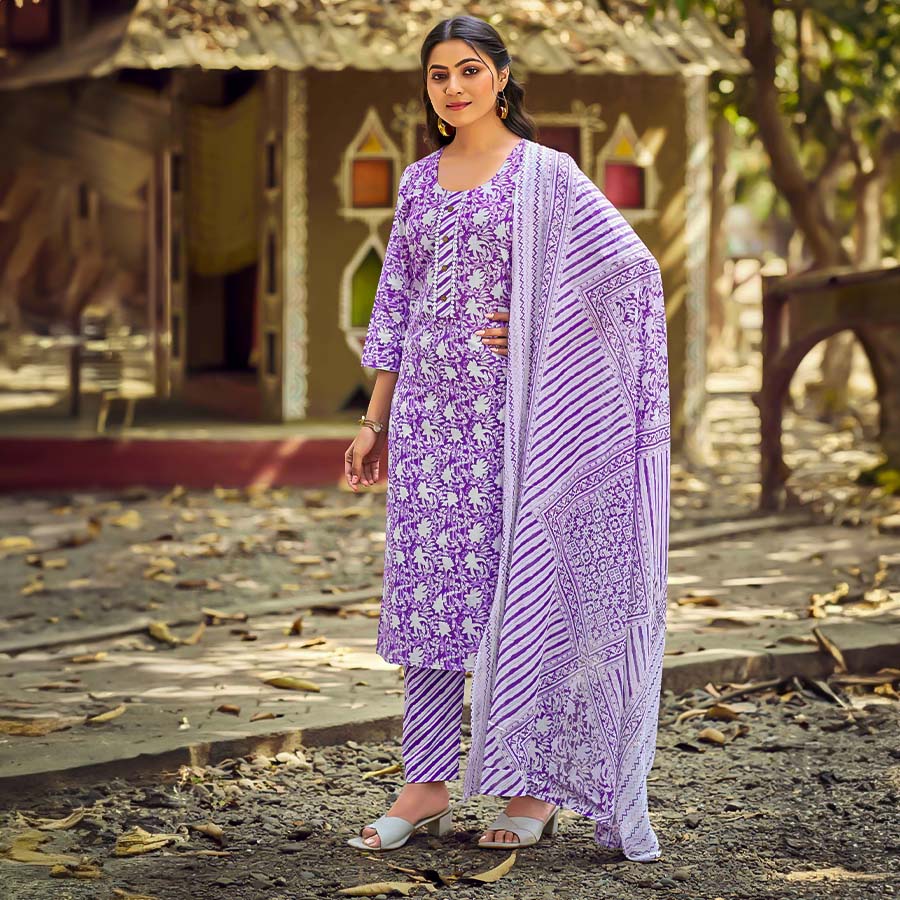 Purple Cotton Printed Salwar Kameez