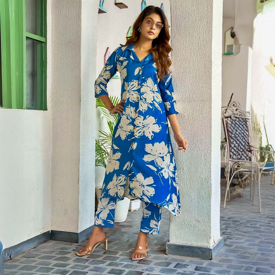 Blue Rayon Printed Kurti