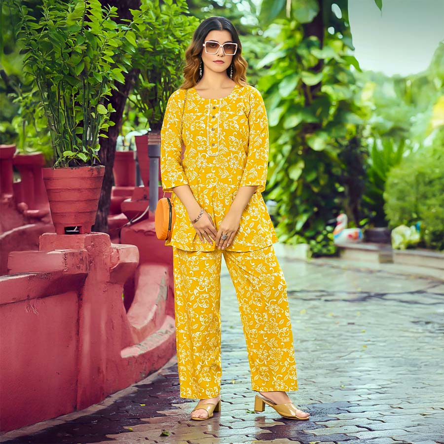 Yellow Rayon Printed Kurti