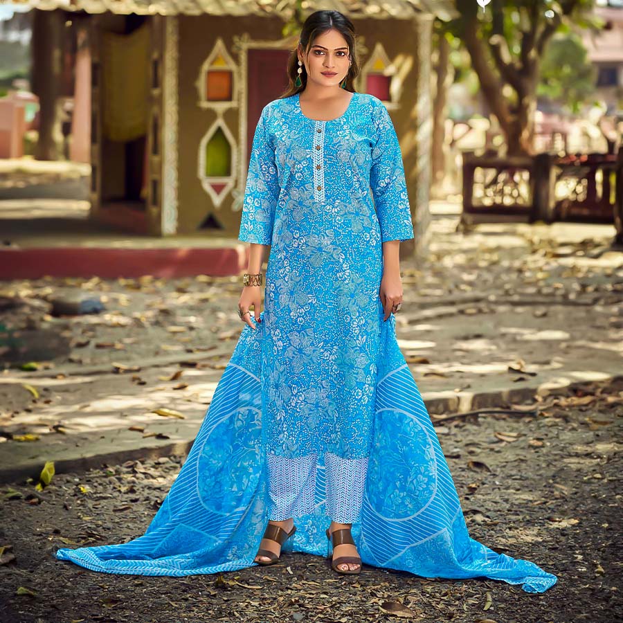 Blue Cotton Printed Salwar Kameez