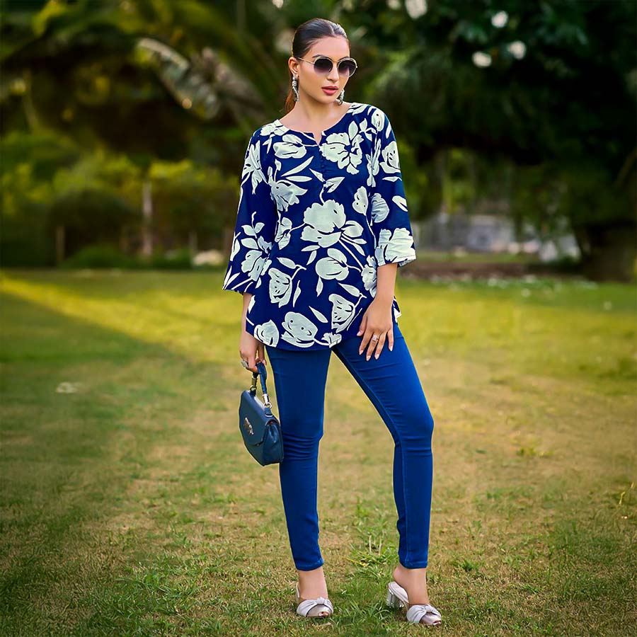 Blue Rayon Printed Kurti