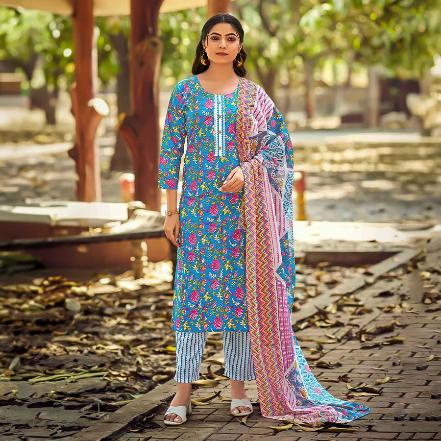 Blue Cotton Printed Salwar Kameez