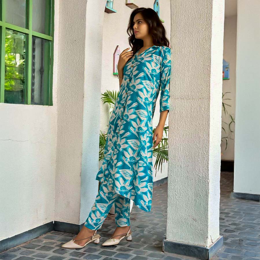 Sky Blue Rayon Printed Kurti