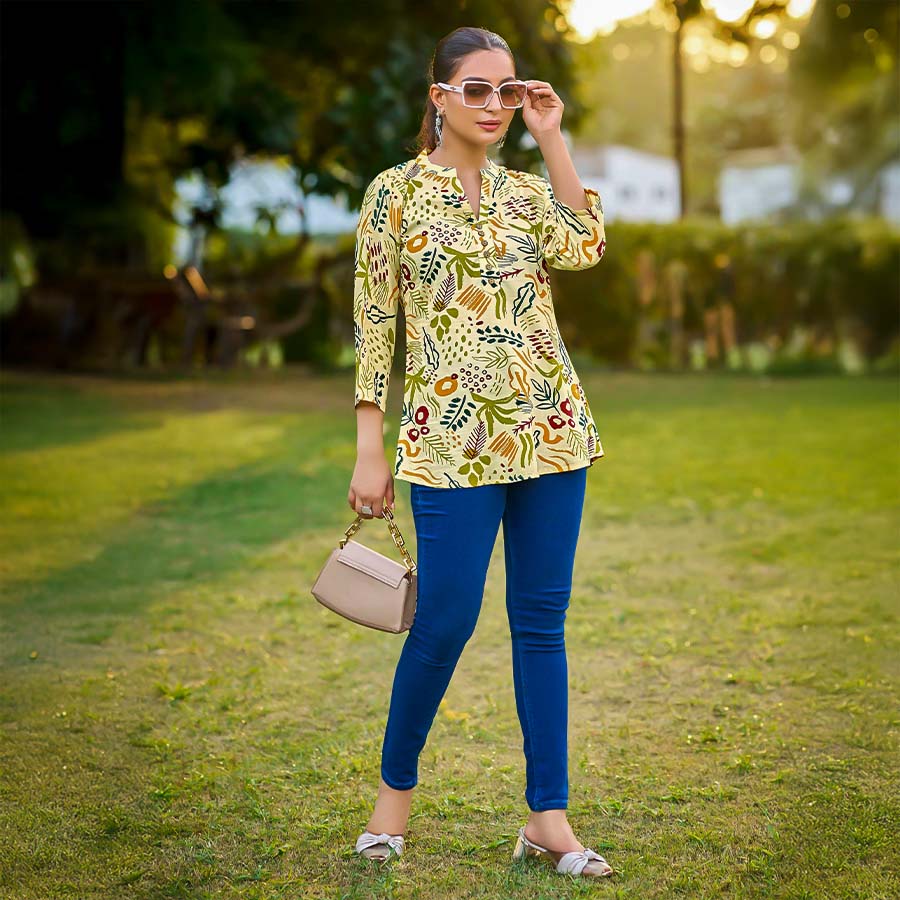 Yellow Rayon Printed Kurti