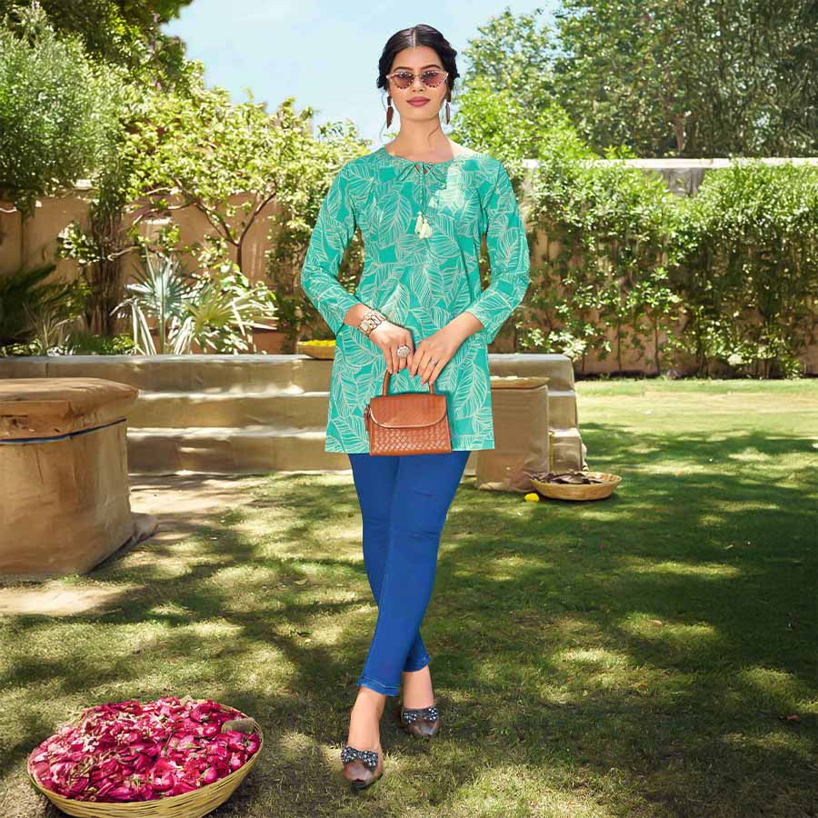 Blue Cotton Printed Kurti