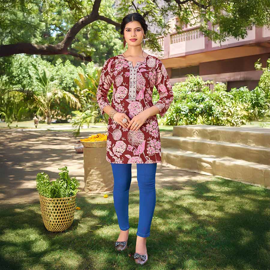 Red  Cotton Printed Kurti