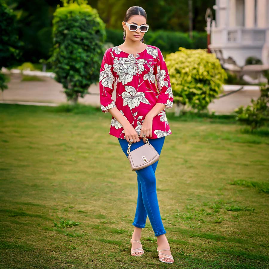 Red  Rayon Printed Kurti