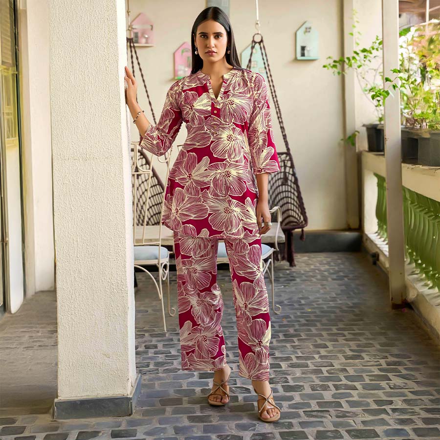 Magenta  Rayon Printed Kurti