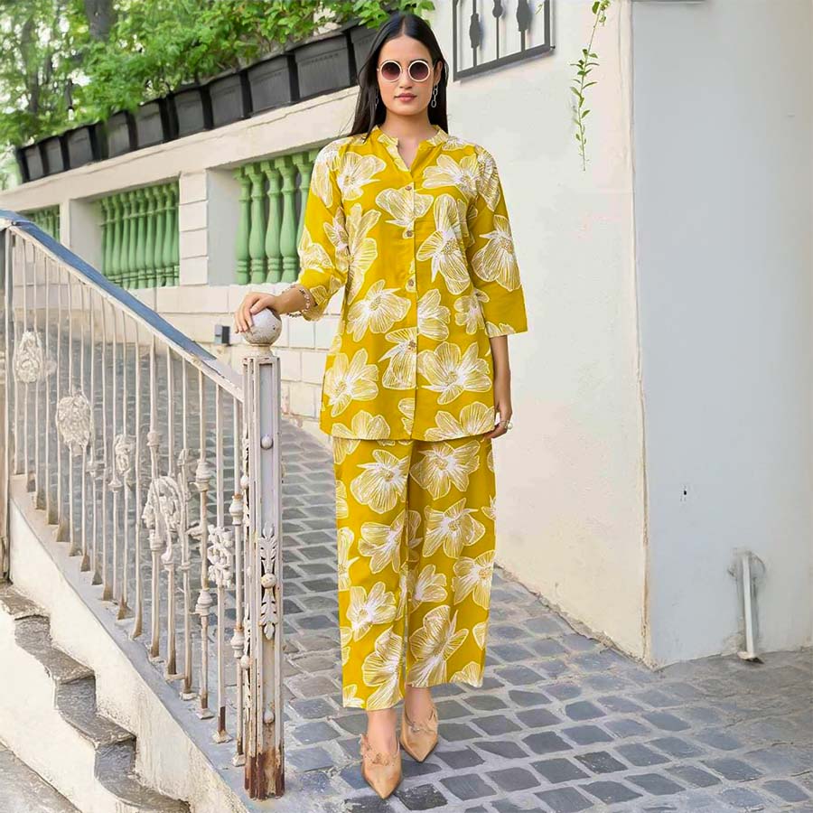 Yellow Rayon Printed Kurti