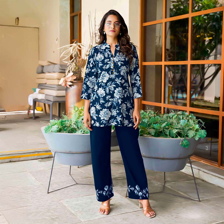 Blue Rayon Print Printed Kurti