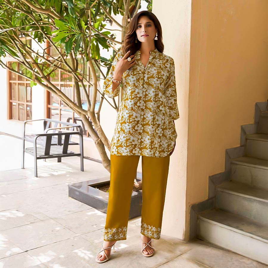 Yellow Rayon Print Printed Kurti