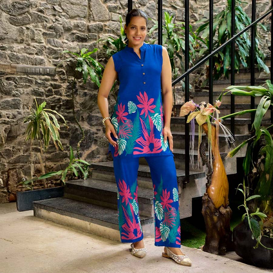 Blue  Rayon Printed Kurti