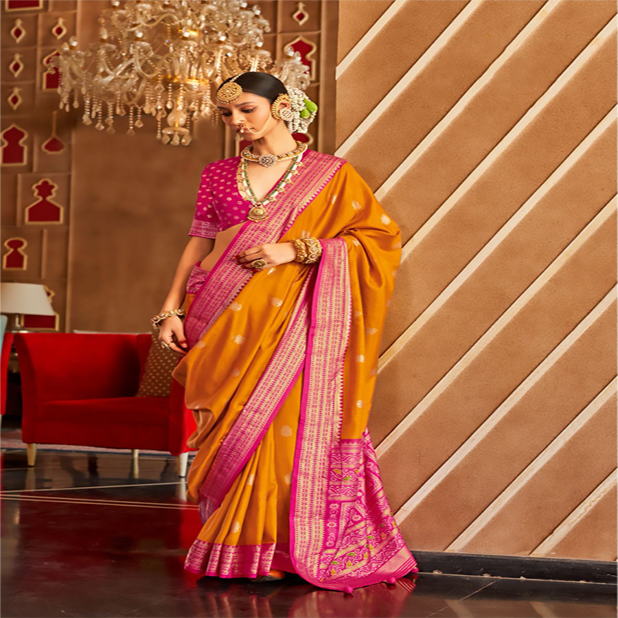 Pink & yellow Silk Partywear Saree