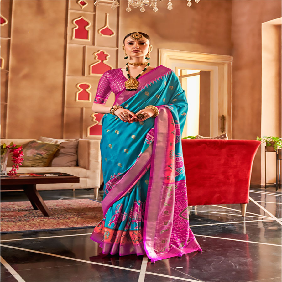 Pink & blue Silk Partywear Saree