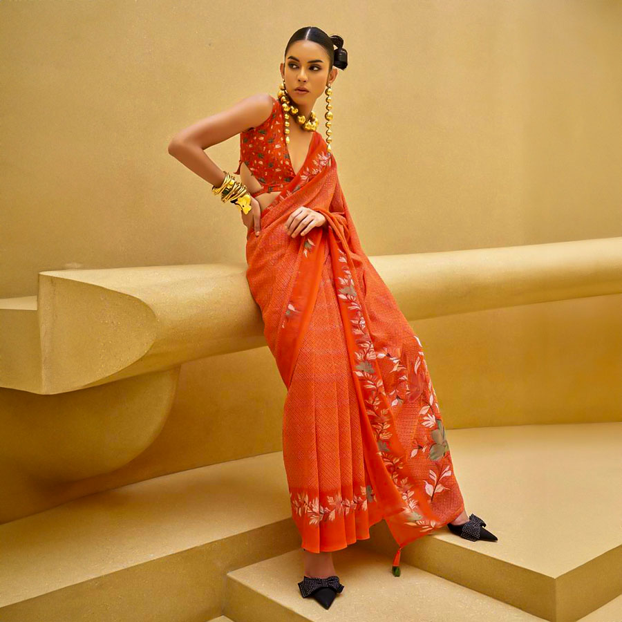 Orange  Georgette Casual Wear Saree