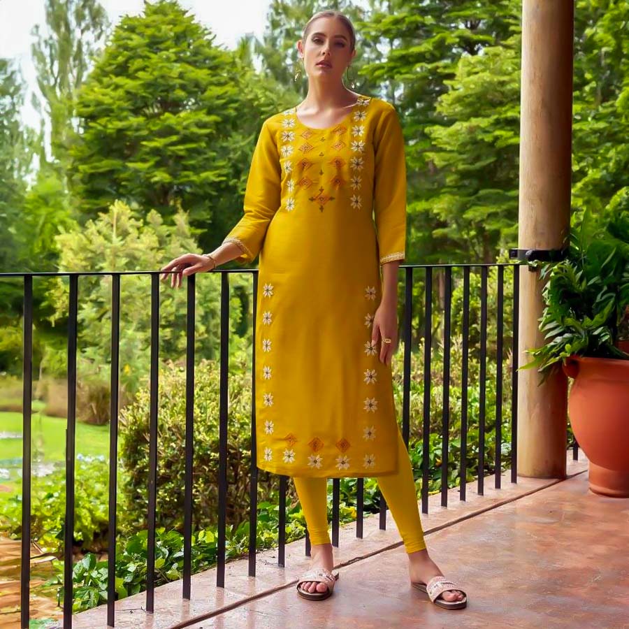 Yellow  Chanderi Casual Wear Kurti