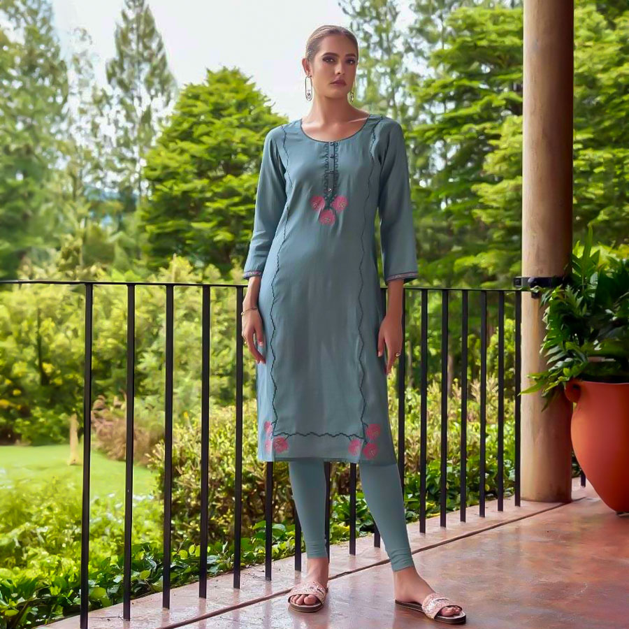Blue Chanderi Casual Wear Kurti