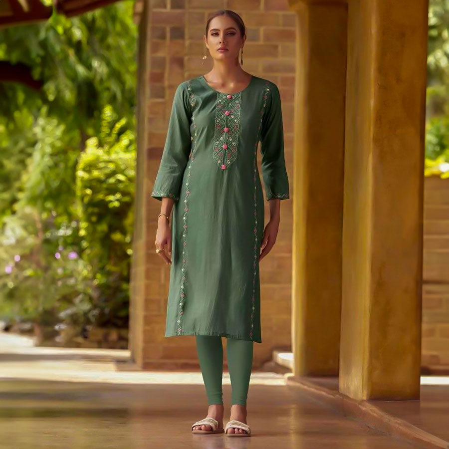 Green  Chanderi Casual Wear Kurti