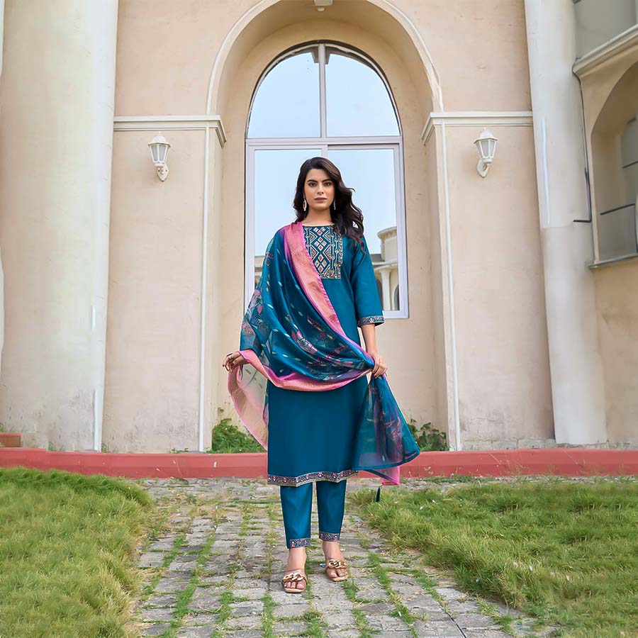 Blue Gadhwal Silk Casual Wear Kurti