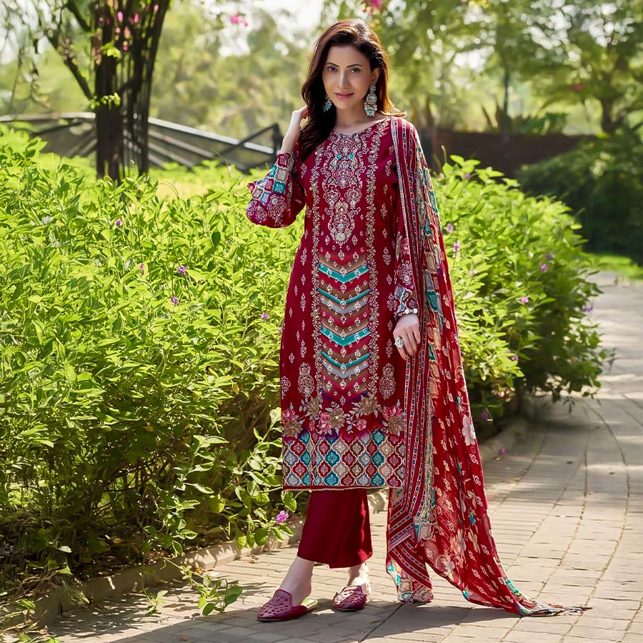 Red  Viscose Rayon Casual Wear Salwar Kameez