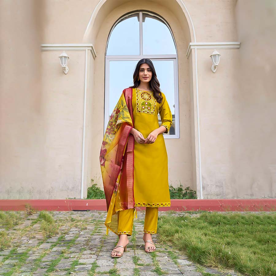 Yellow  Gadhwal Silk Casual Wear Kurti