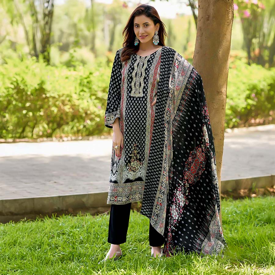 Black Viscose Rayon Casual Wear Salwar Kameez