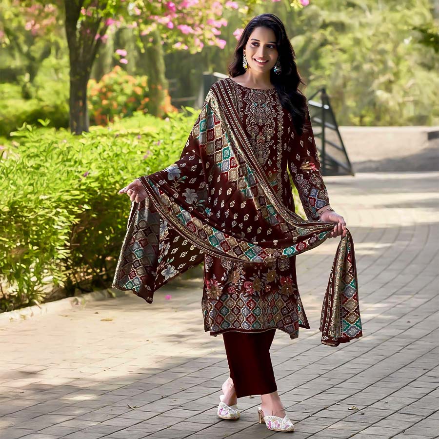 Brown Viscose Rayon Casual Wear Salwar Kameez