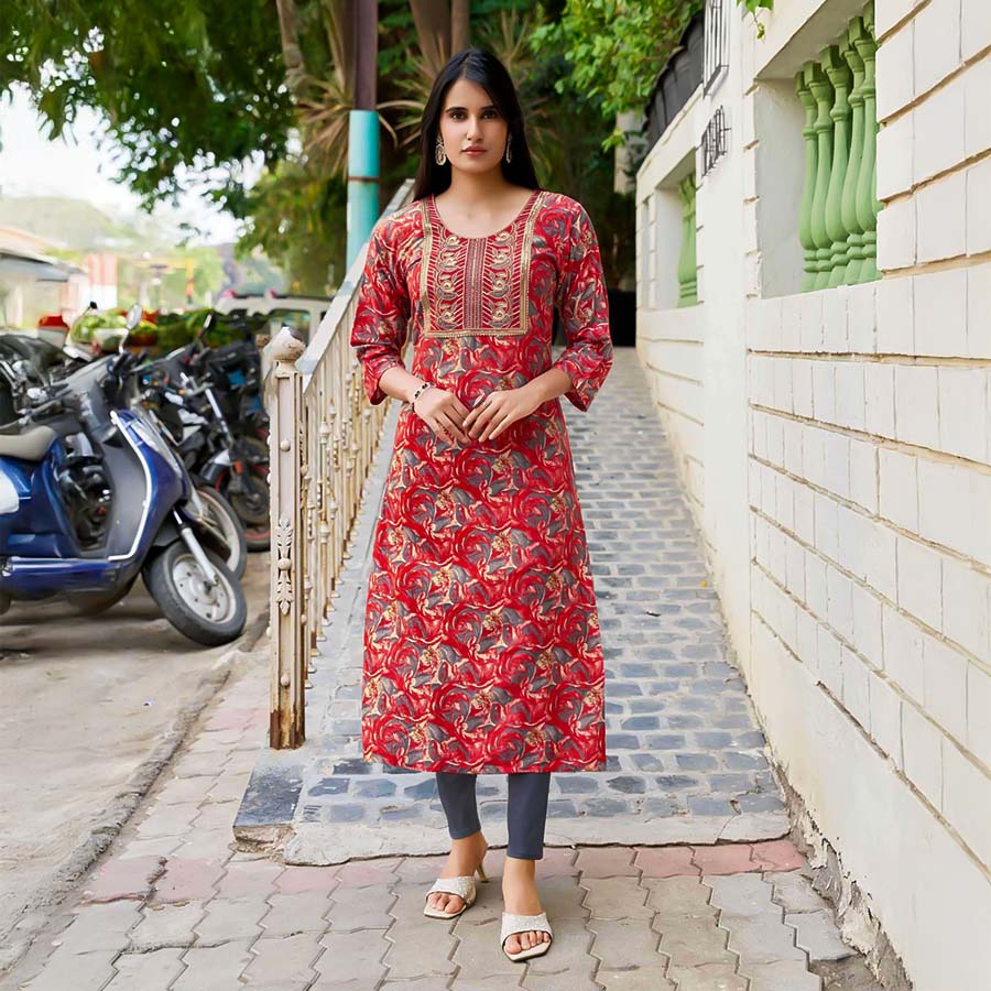 Red  Rayon Printed Kurti