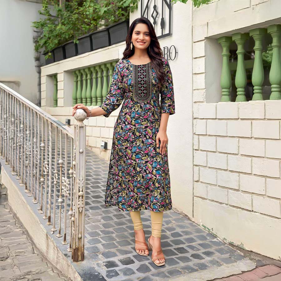 Black  Rayon Printed Kurti