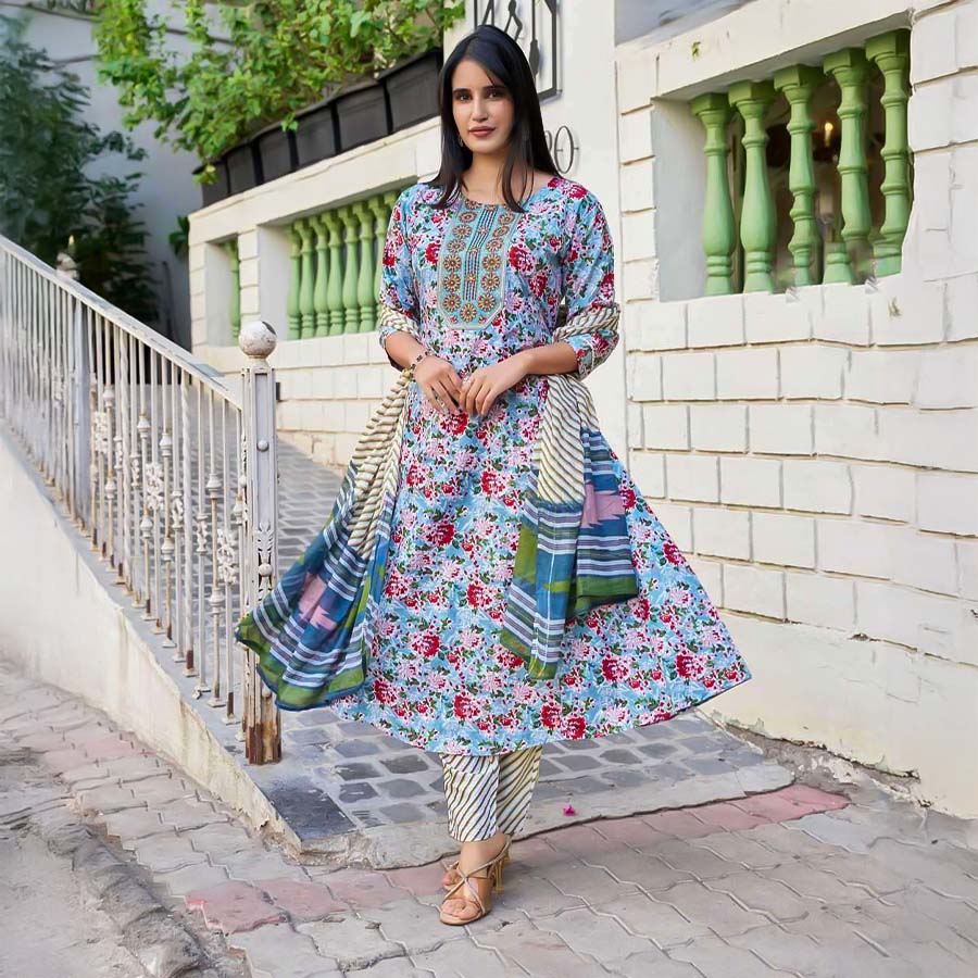 Blue  Cotton Casual Wear Salwar Kameez