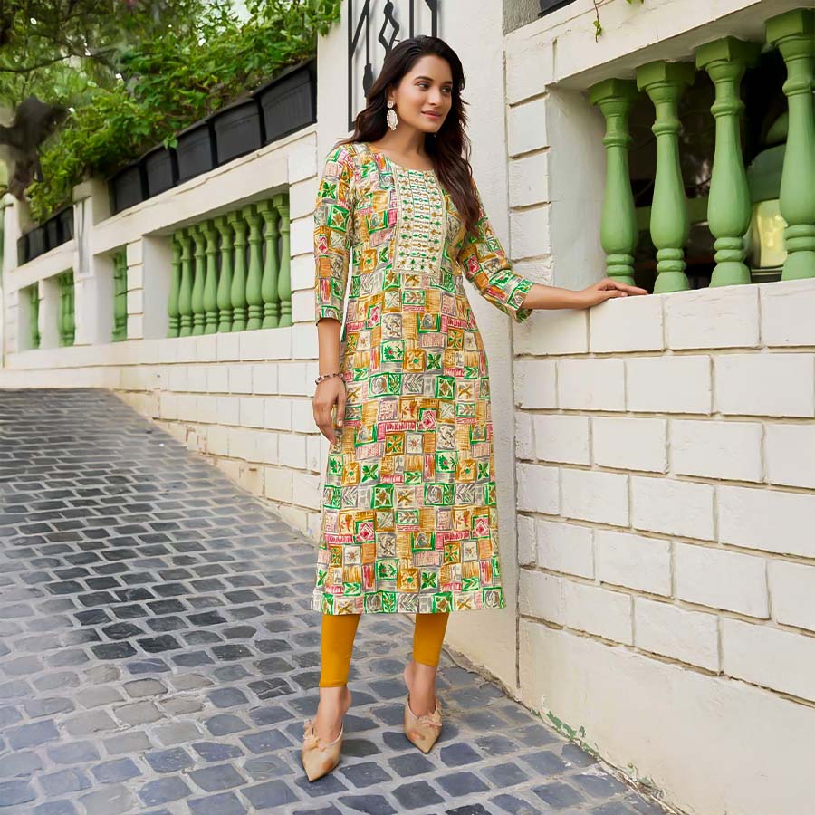 Green  Rayon Printed Kurti