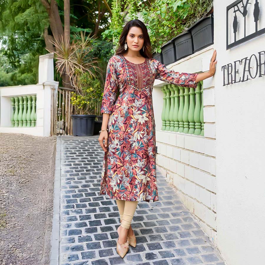 Red  Rayon Printed Kurti