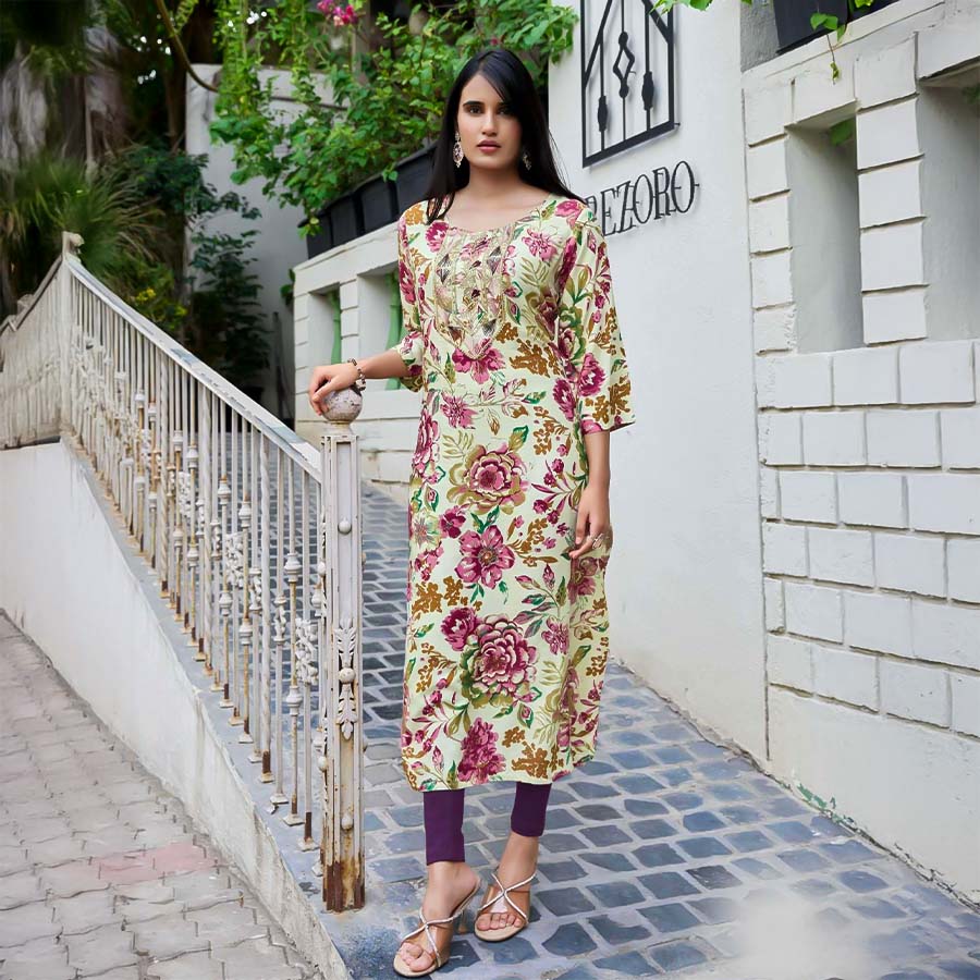 Green  Rayon Printed Kurti