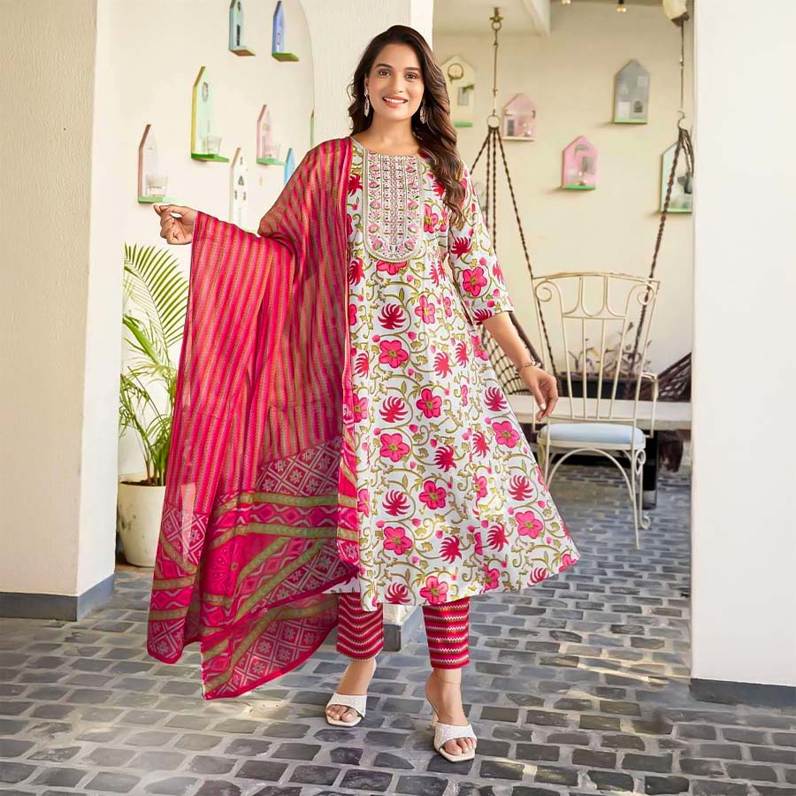 White  Cotton Casual Wear Salwar Kameez
