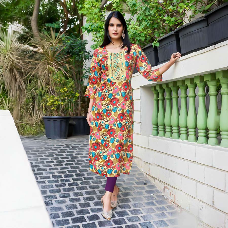 Red  Rayon Printed Kurti
