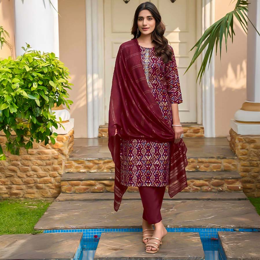 Red  Modal Chanderi Casual Wear Salwar Kameez