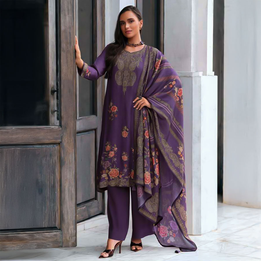 Purple Viscose Muslin Party Wear Salwar Kameez