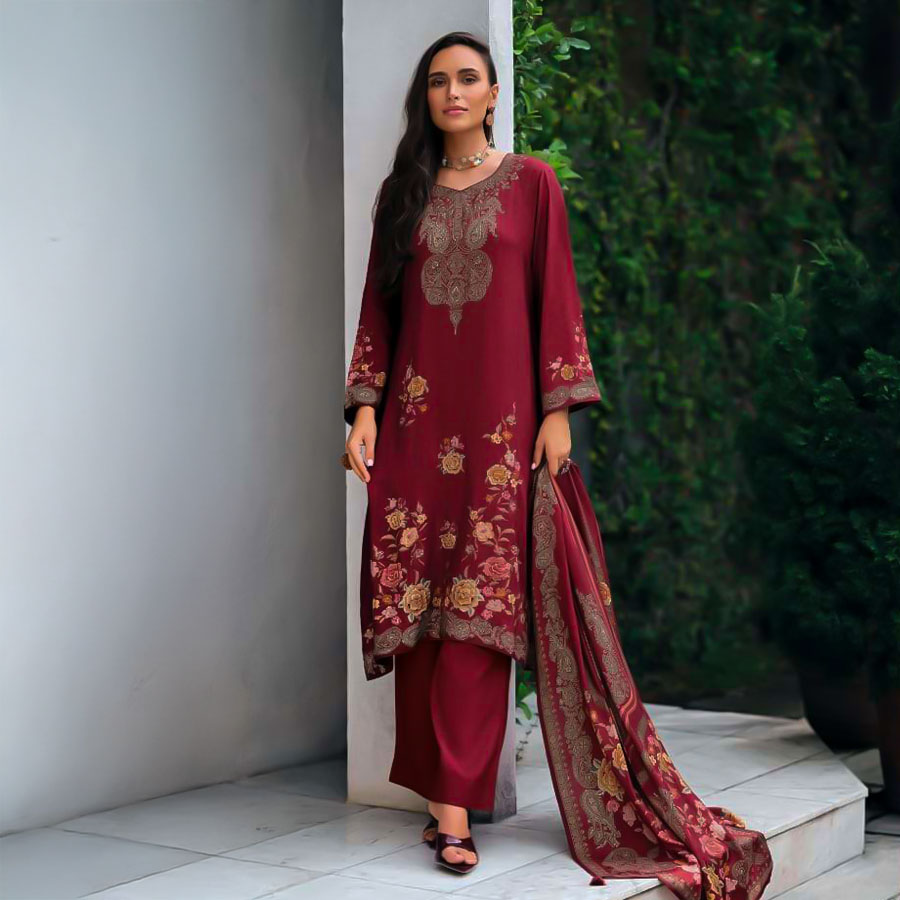 Red  Viscose Muslin Party Wear Salwar Kameez