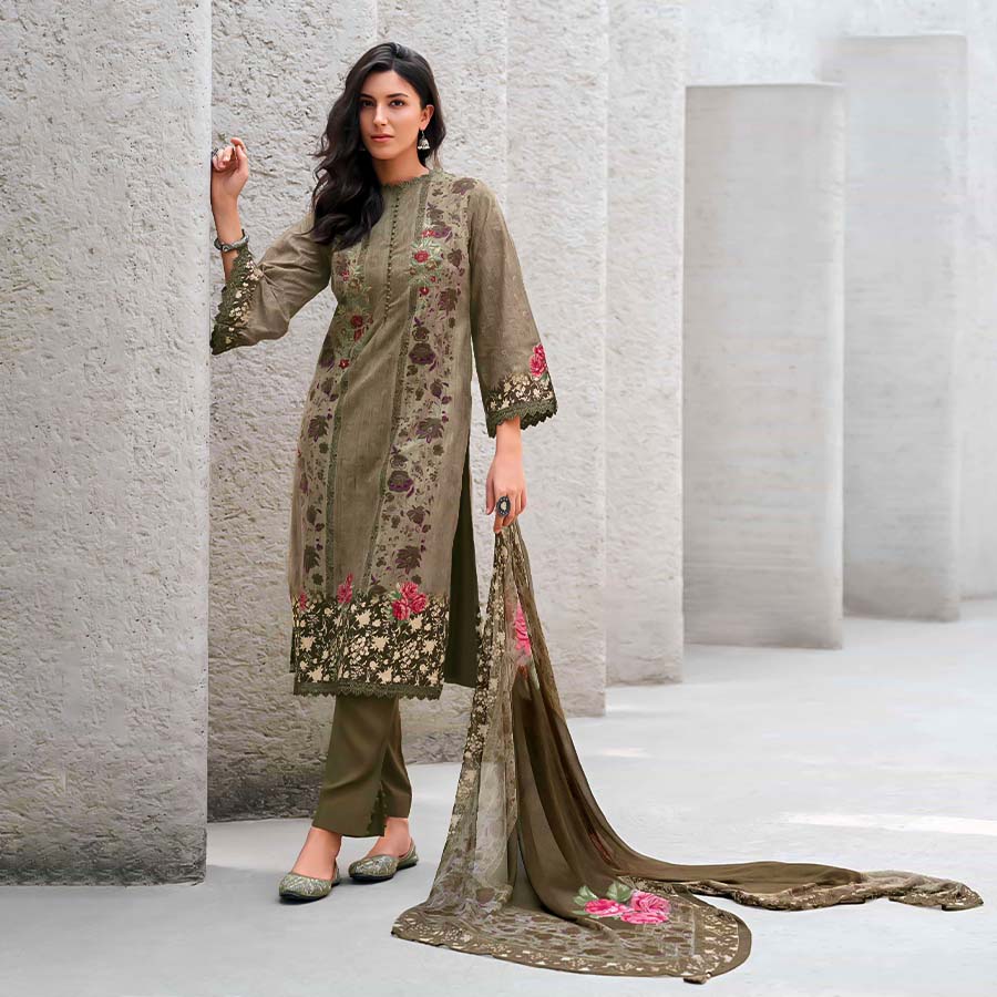 Olive Green  Cotton Party Wear Salwar Kameez