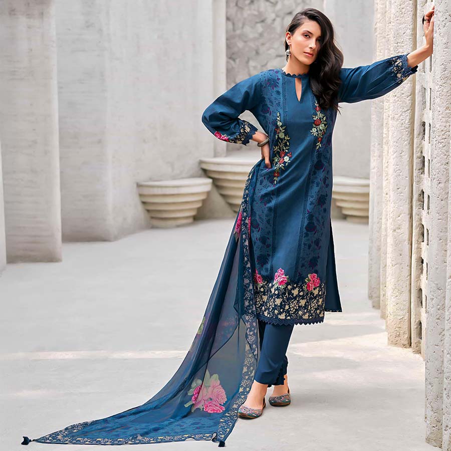 Blue Cotton Party Wear Salwar Kameez