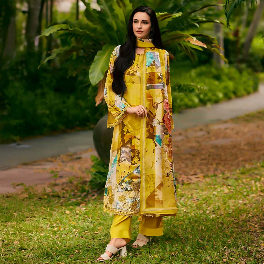 Yellow Viscose Cotton Party Wear Salwar Kameez
