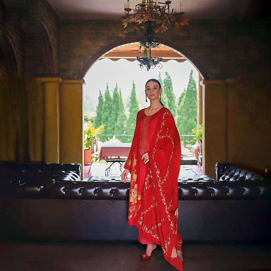 Red Viscose Muslin Designer Salwar Kameez