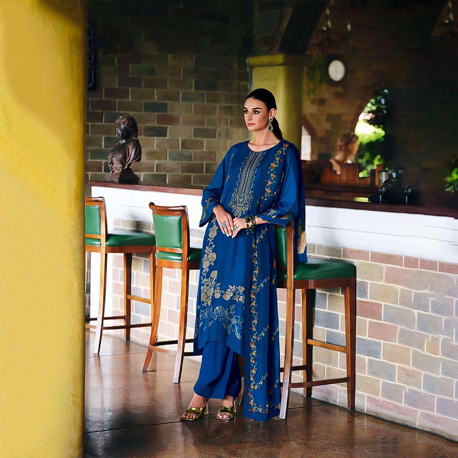 Blue  Viscose Muslin Designer Salwar Kameez